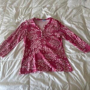 J. McLaughlin Pink Paisley Henley Top | Y2K Vintage 3/4 Sleeve Knit Shirt M